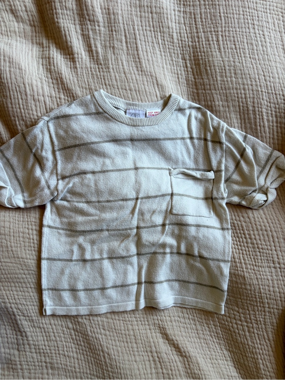 Zara Cream and Gray Striped Short-Sleeve Knit Top